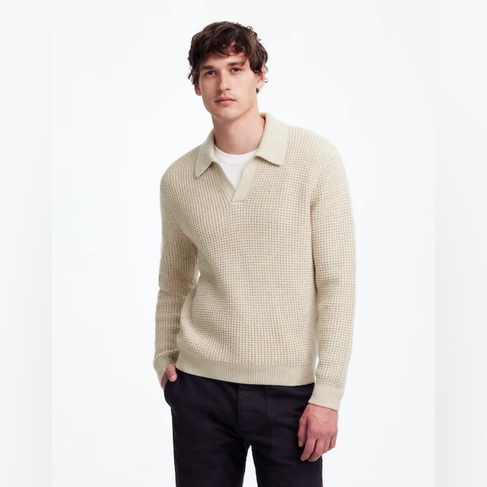 NWOT Madewell Men's Cream Sweater Johnny-Collar Polo Sweater -Waffle Knit Medium